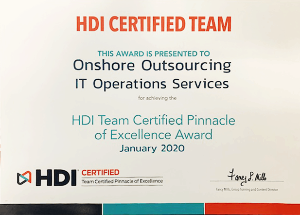 Image of an HDI certified team award to Onshore Outsourcing IT Operations services from January 2020
