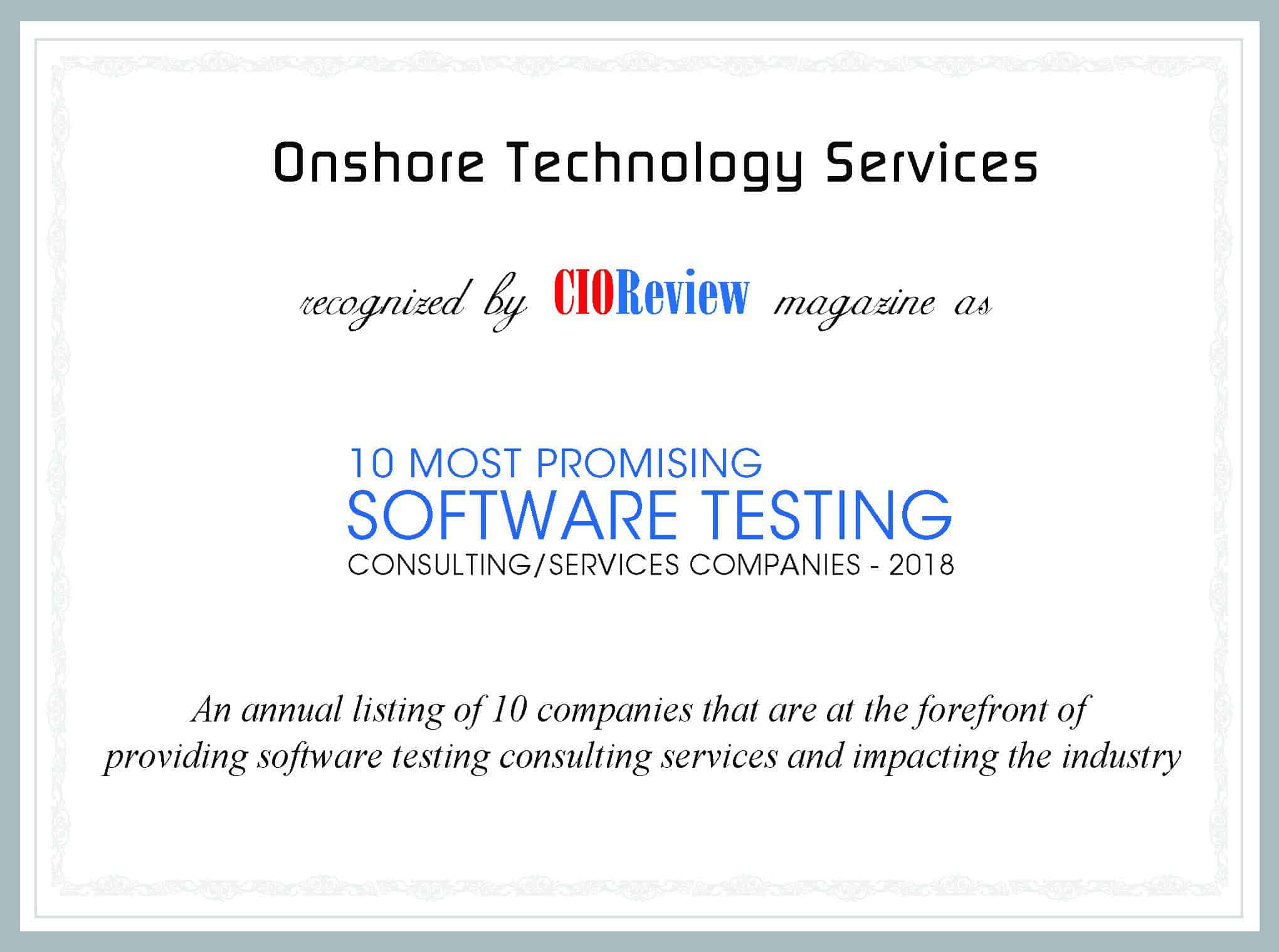 Onshore Technology Services recognized as 10 most promising software testing consulting/services companies - 2018