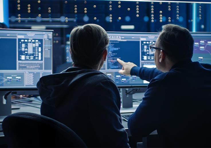 Two professional IT programers looking at desktop computers
